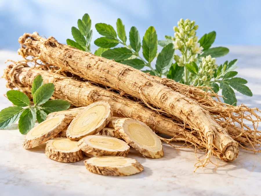 Akar Astragalus segar dengan hirisan akar dan daun hijau
