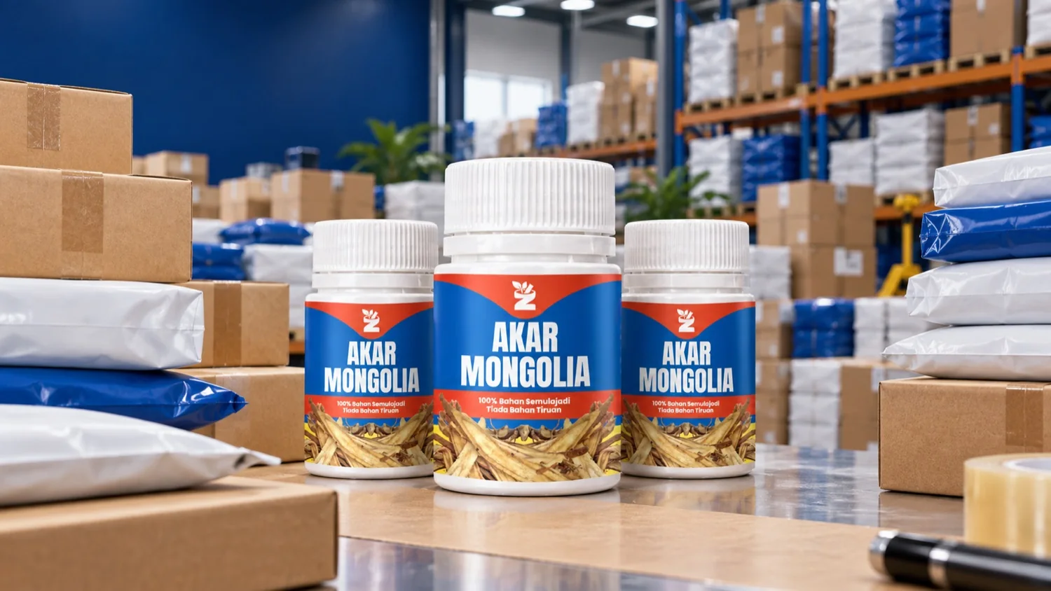 Parcel penghantaran yang banyak bersama botol Akar Mongolia