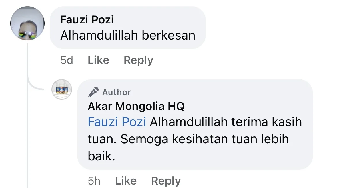 Testimoni Facebook pengguna Akar Mongolia