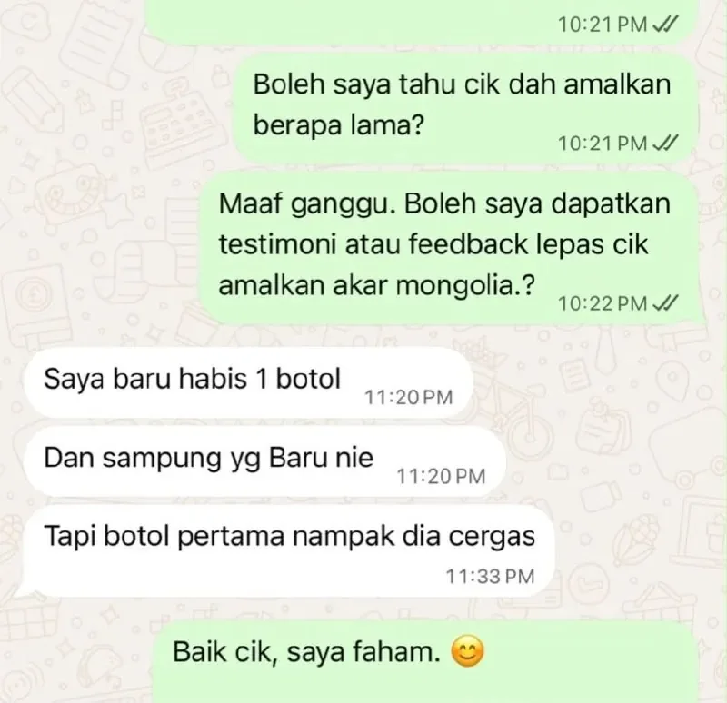 Testimoni WhatsApp selepas menghabiskan sebotol Akar Mongolia